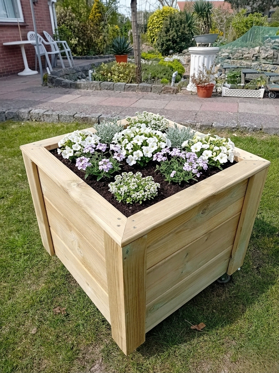 Vierkante plantenbak met wieltjes