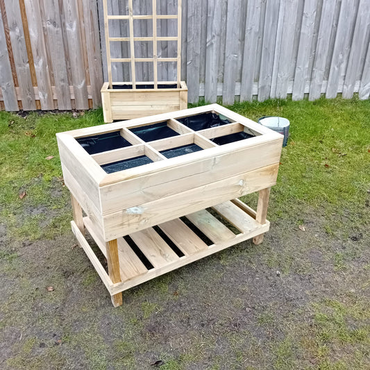 Houttan Moestuinbak met Raster – 6 vakken | 100 × 60 × 70 cm