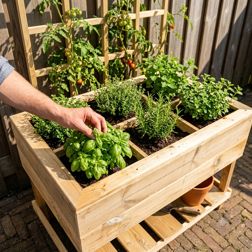 Houttan Moestuinbak met Raster – 6 vakken | 100 × 60 × 70 cm