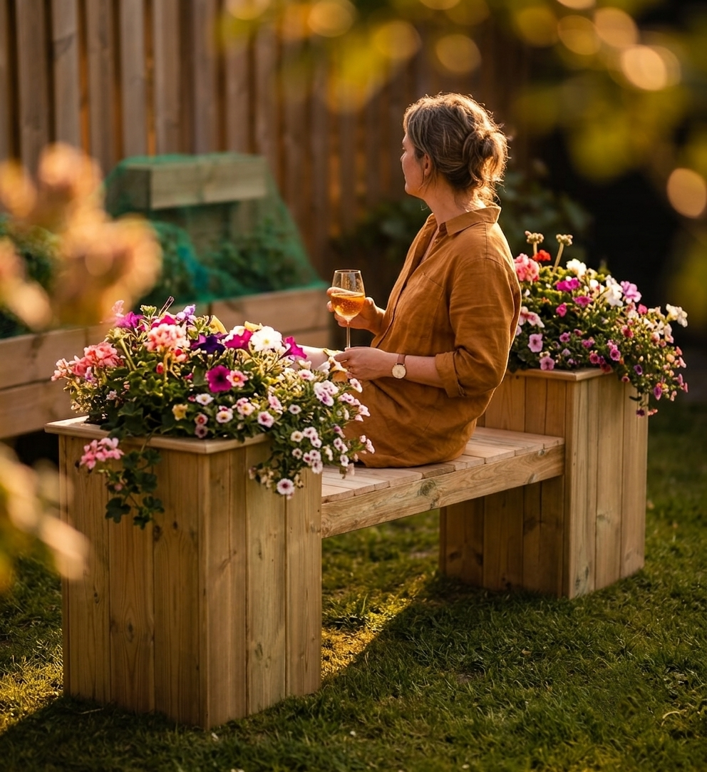 Plantenbank met 2 plantenbakken – Handgemaakte houten tuinset
