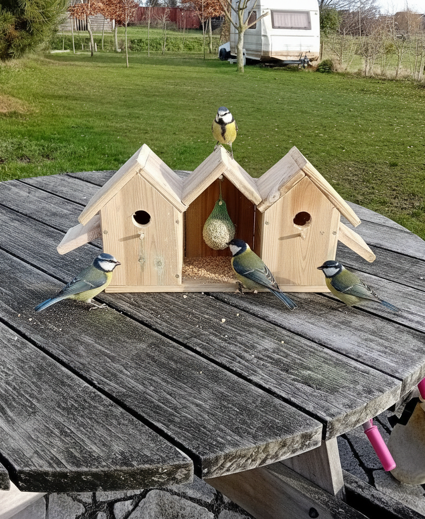 Houttan Vogelvilla – Dubbel Nestkastje met Voerplek