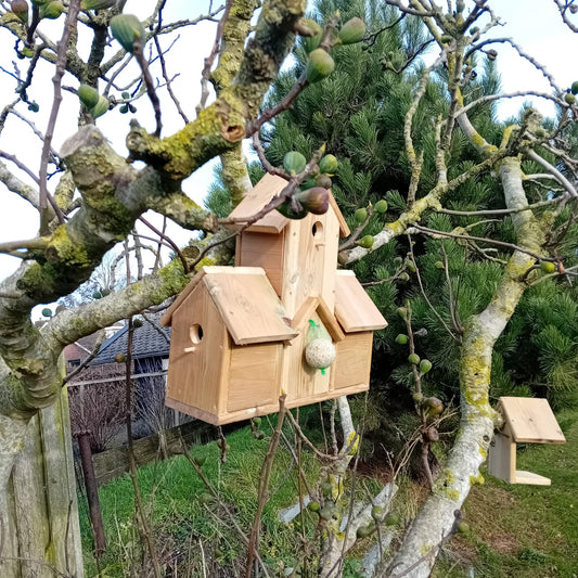 Houttan Vogelvilla XL – Drie Nestkastjes met Centrale Voerplek