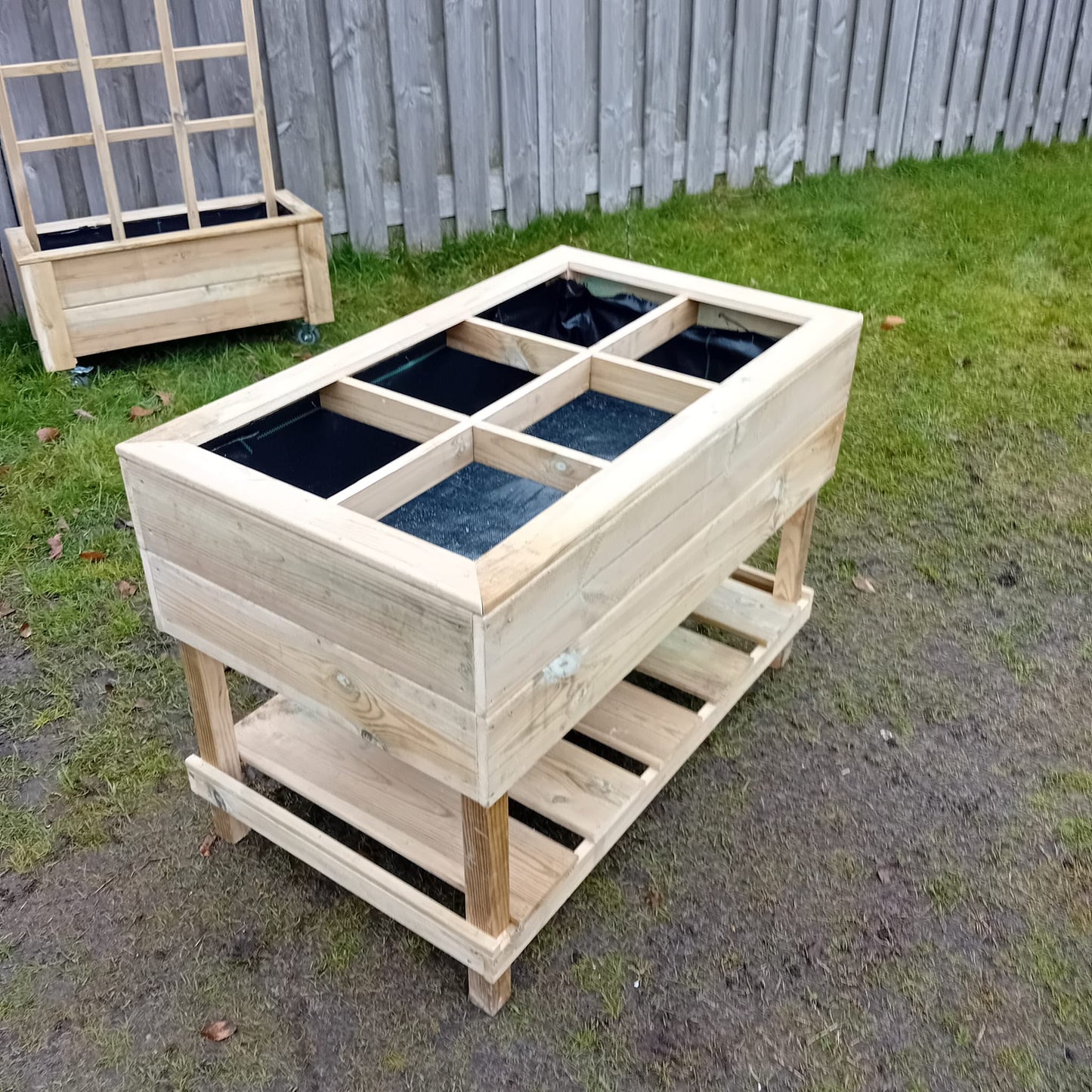 Houttan Moestuinbak met Raster – 6 vakken | 100 × 60 × 70 cm